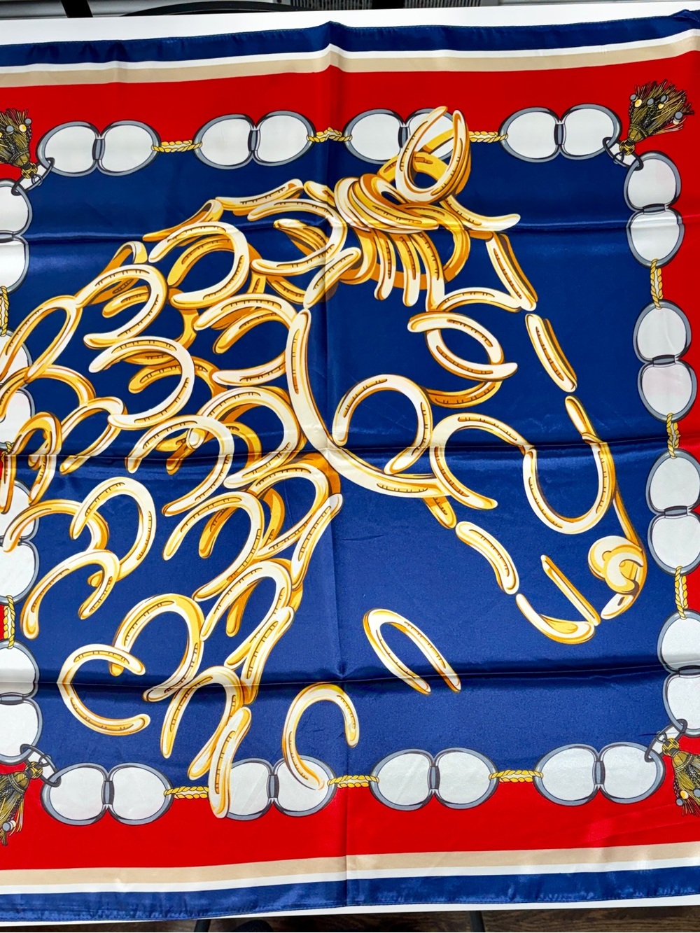 Equestrian Print Silk-Style Wrap in Navy, Red & Gold
